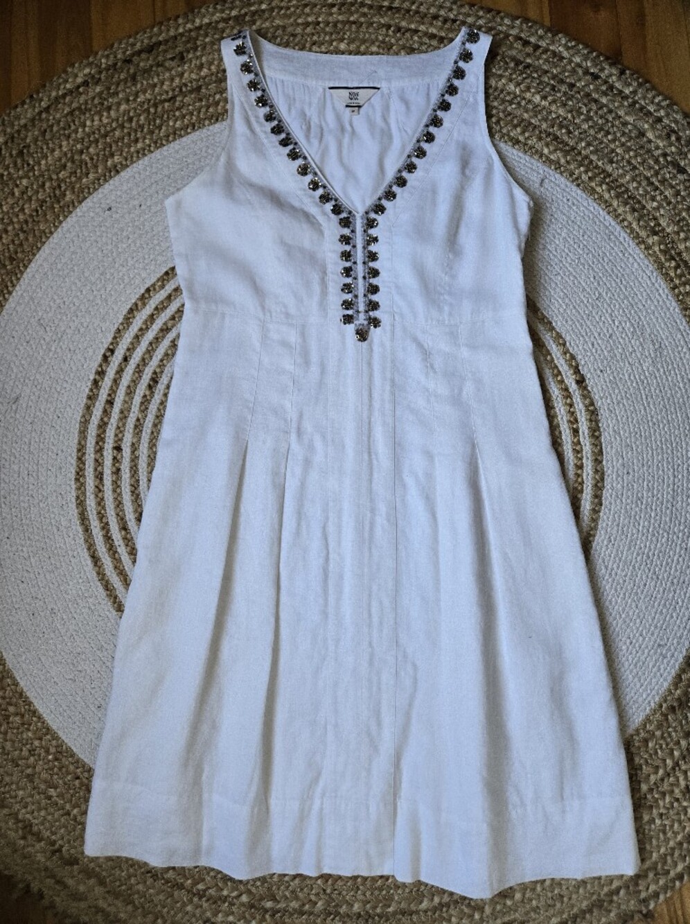 Noa Noa Linen Sleeveless White Embellished V-Neck Mini Dress Boho Casual Summer